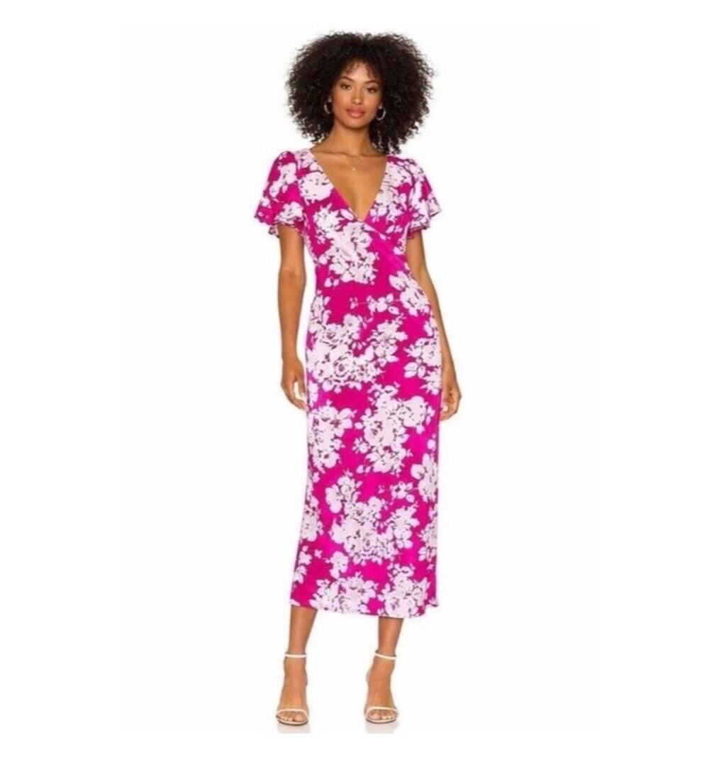 Abercrombie & Fitch Dress Womens Medium Pink Floral Midi Romantic V Neck Flutter